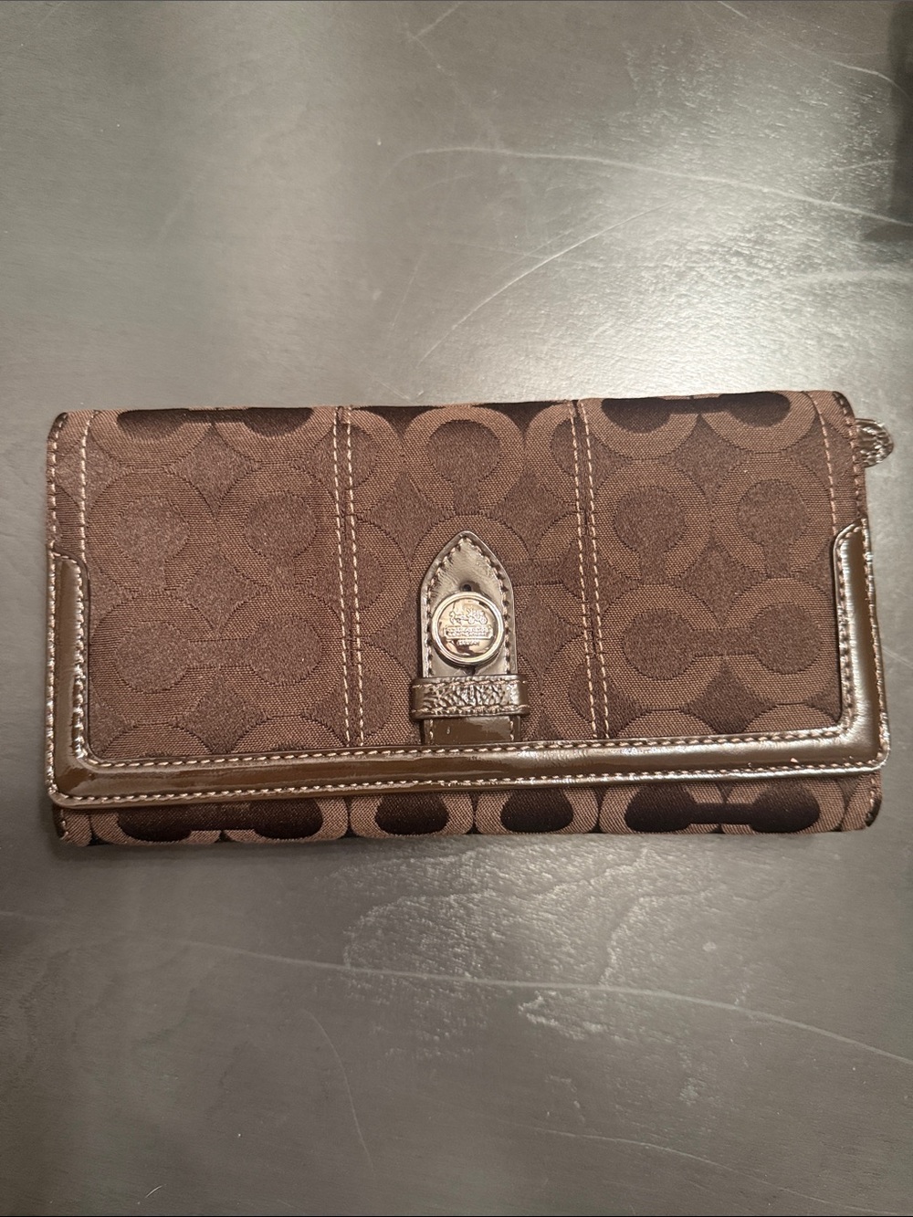 Coach Brown Signature Continental Wallet with Metallic Trim